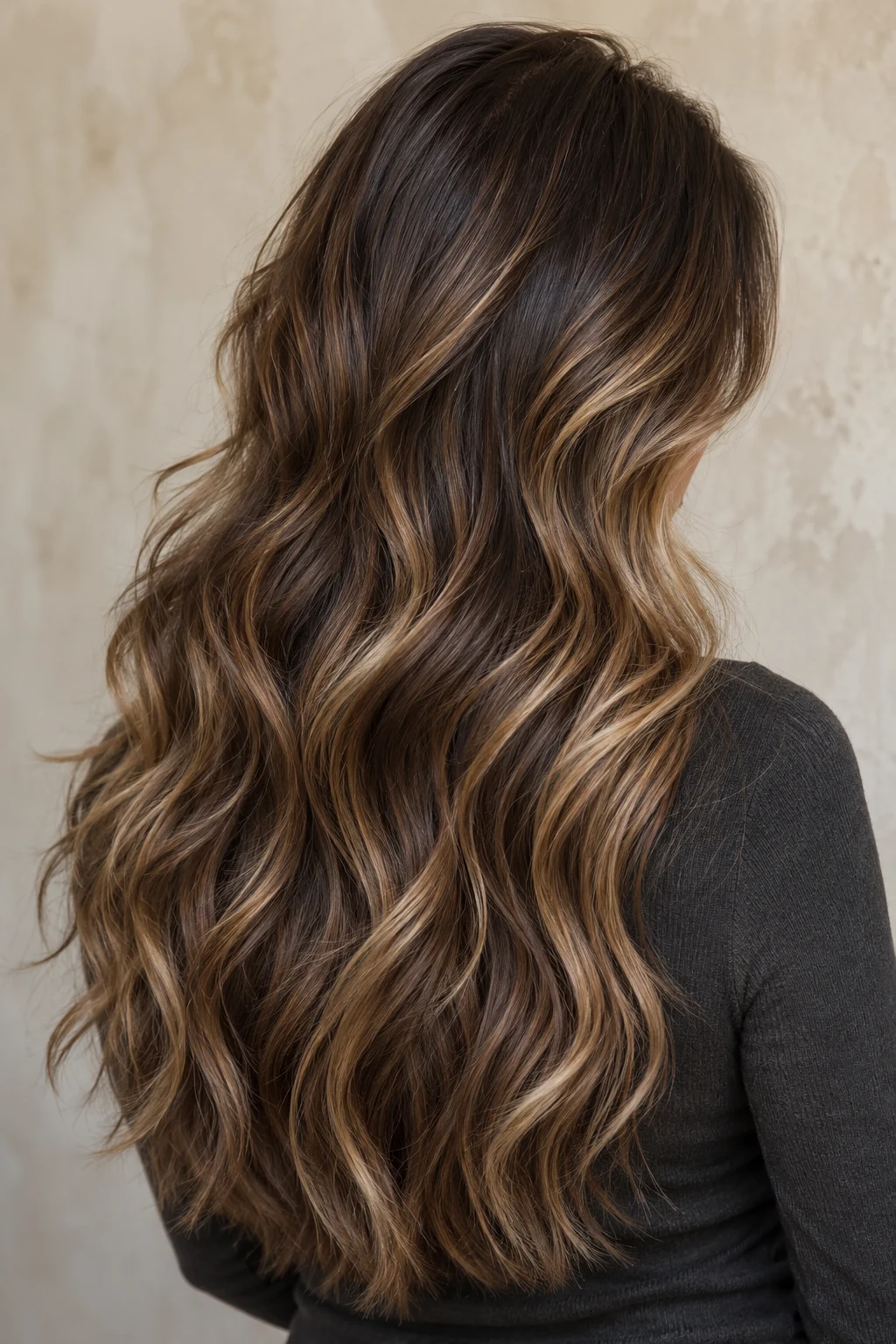 Soft honey balayage woven through long brunette waves