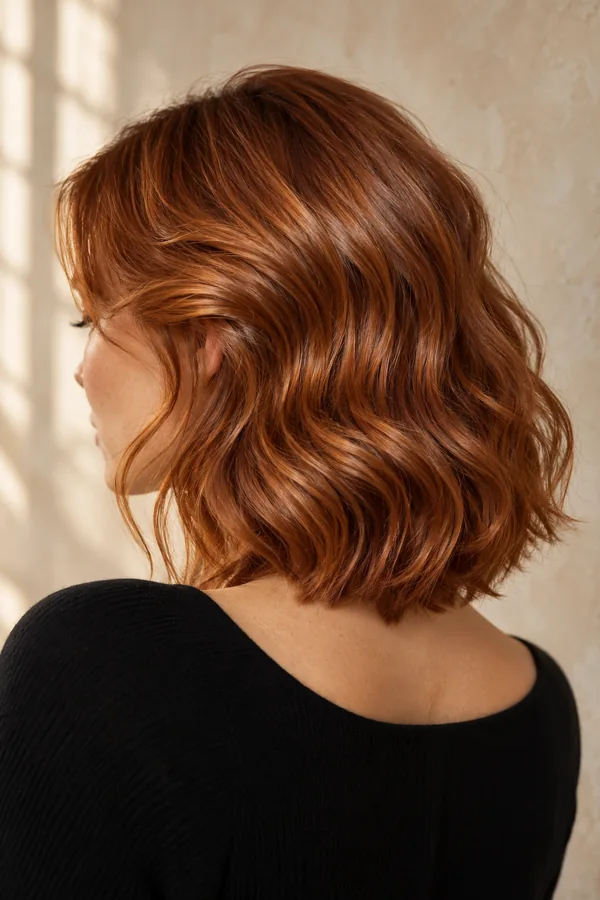 Warm copper waves on a shoulder-length bob